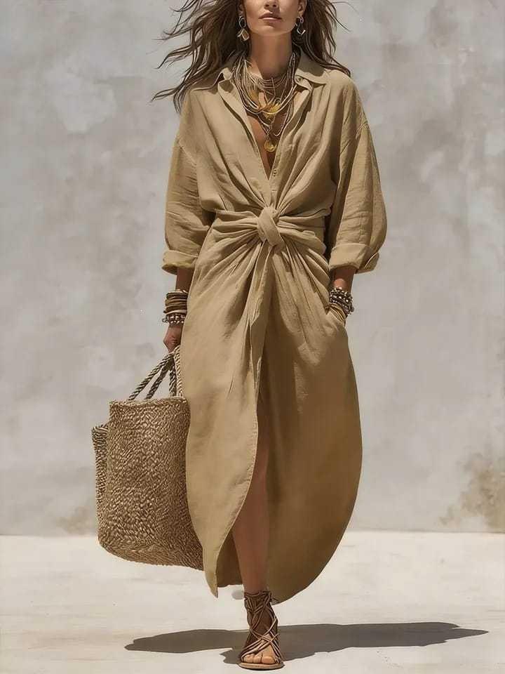2026 Women's Solid Color Shirt Collar Long Sleeve Pocket Cardigan Dress