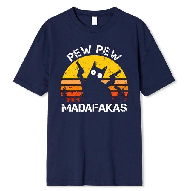 

pew Pew Madafakas Cat Two-Gun Printing для мужчин, хлопковые дышащие футболки, свободная одежда, футболка в стиле хип-хоп, лето XXXXXL темно-синий