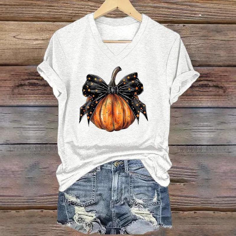 Summer V-neck 3D Bowknot Pumpkin Printed Top Fashionable Casual Short Sleeved Women's T-shirts
