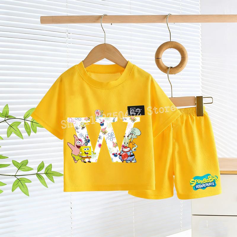 SpongeBobs T-shirt Shorts Set Kids Cute Letter A-Z Tees Pants Children Summer Outdoor Sports Short Sleeve Trousers Boy Girl Gift