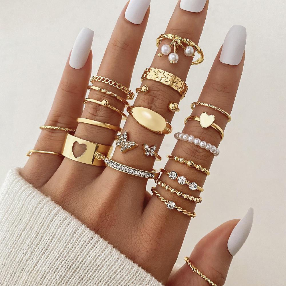23-Piece Set: Black Butterfly Diamond & Pearl Knuckle Rings for Women