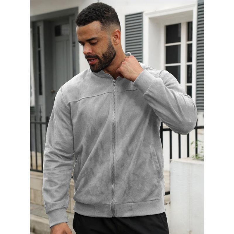 Men S Suede Jacket Long Sleeve Stand Collar Casual Outerwear