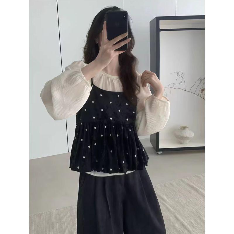 Kumikumi Sweet Set French Style Polka Dot Brace Vest Women's Autumn Loose round Neck Long Sleeves Shirt Two-piece Set