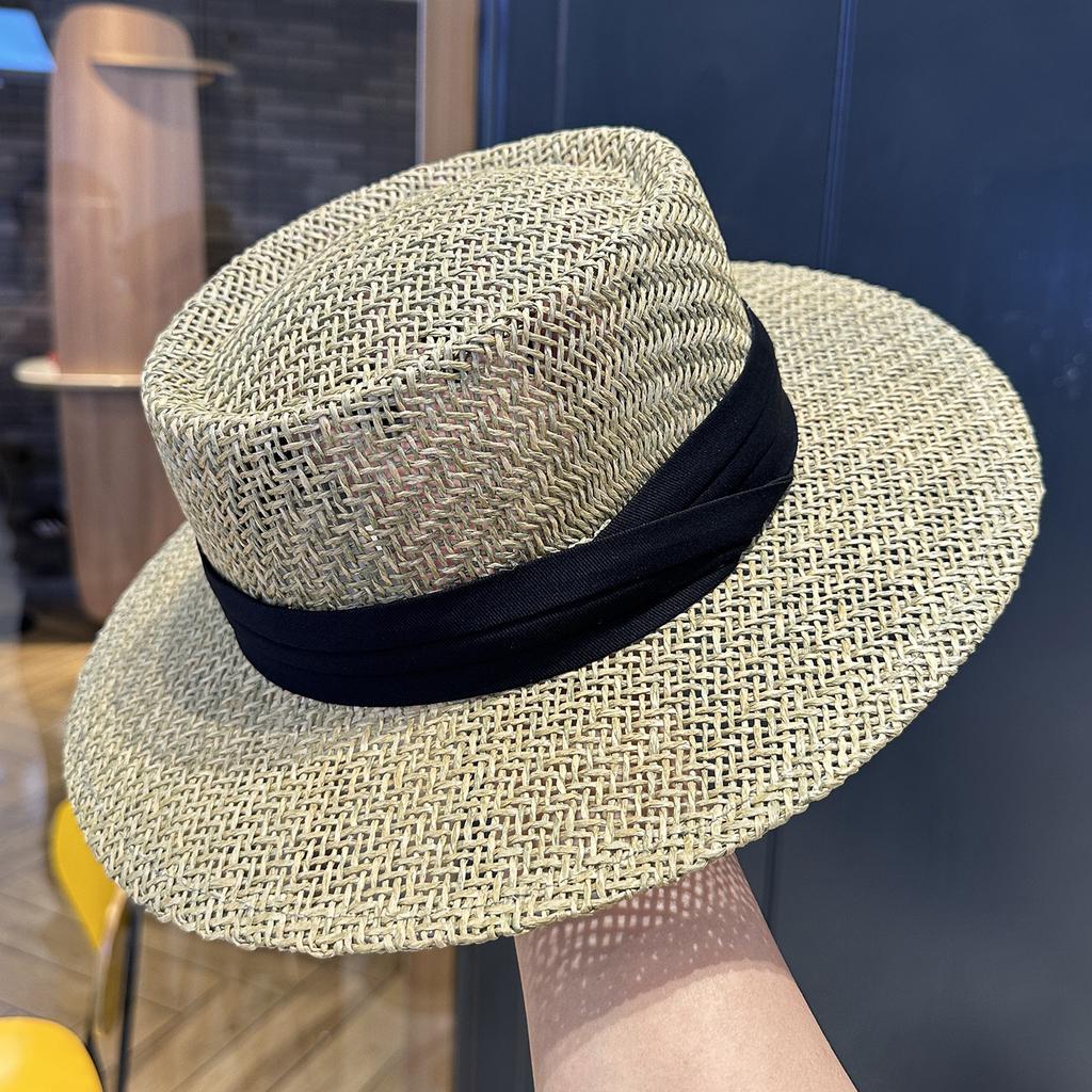 Straw Flat Top Hat Women'S Straw Hat Summer Top Hat British Seaside Vacation Sun Hat Hollow Sun Hat