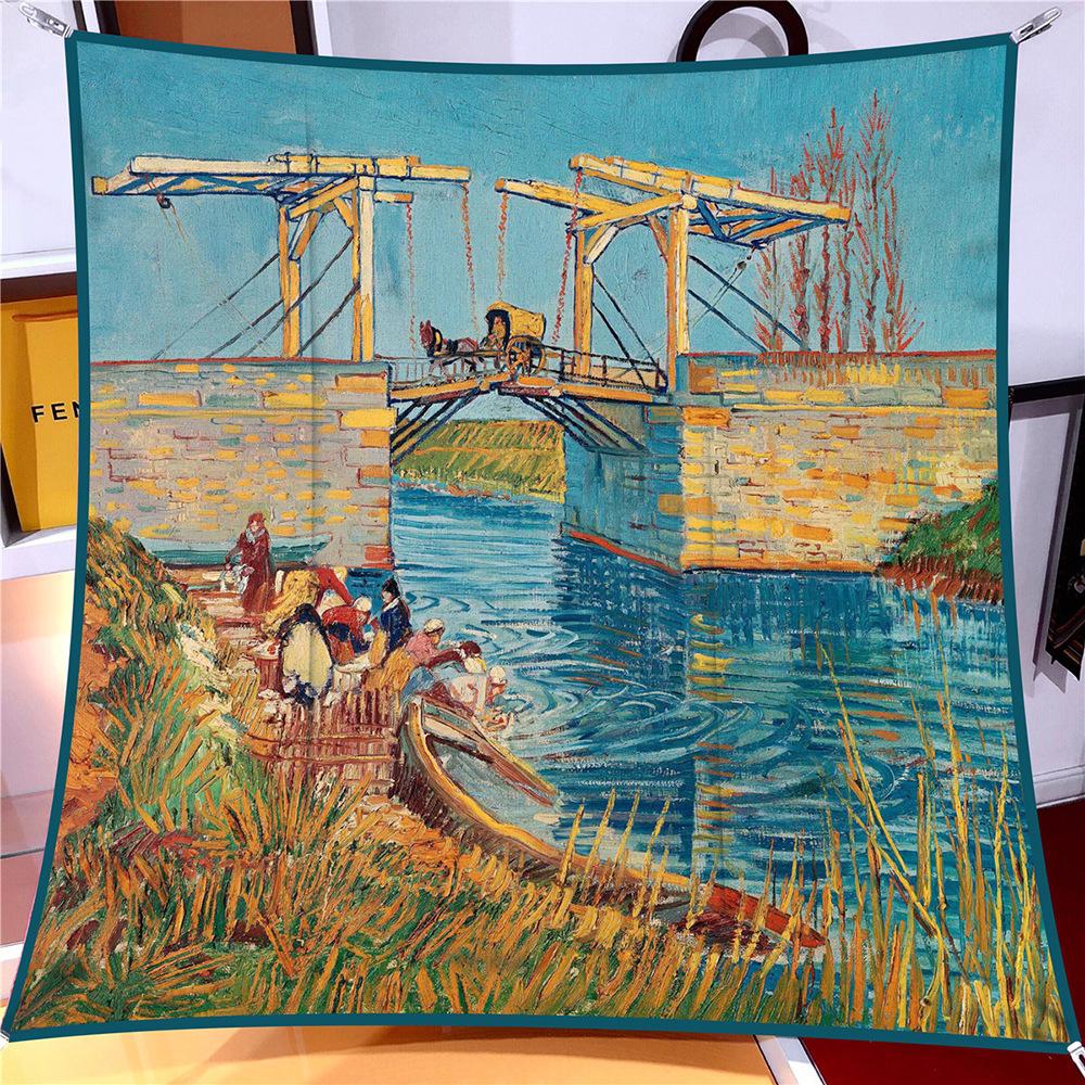 90cm Sternenhimmel Imitation Köper Modischer Seidenschal Quadratisch Damen Hijab Bandana Foulard Kopftuch Van Gogh Ölgemälde Halstuch