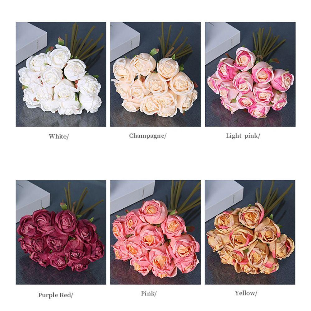 12PCS/bunch Multicolor Rose Artificial Flowers Silk Petals Green Stem Faux Rose Flower Scene Landscaping Bridal Bouquet
