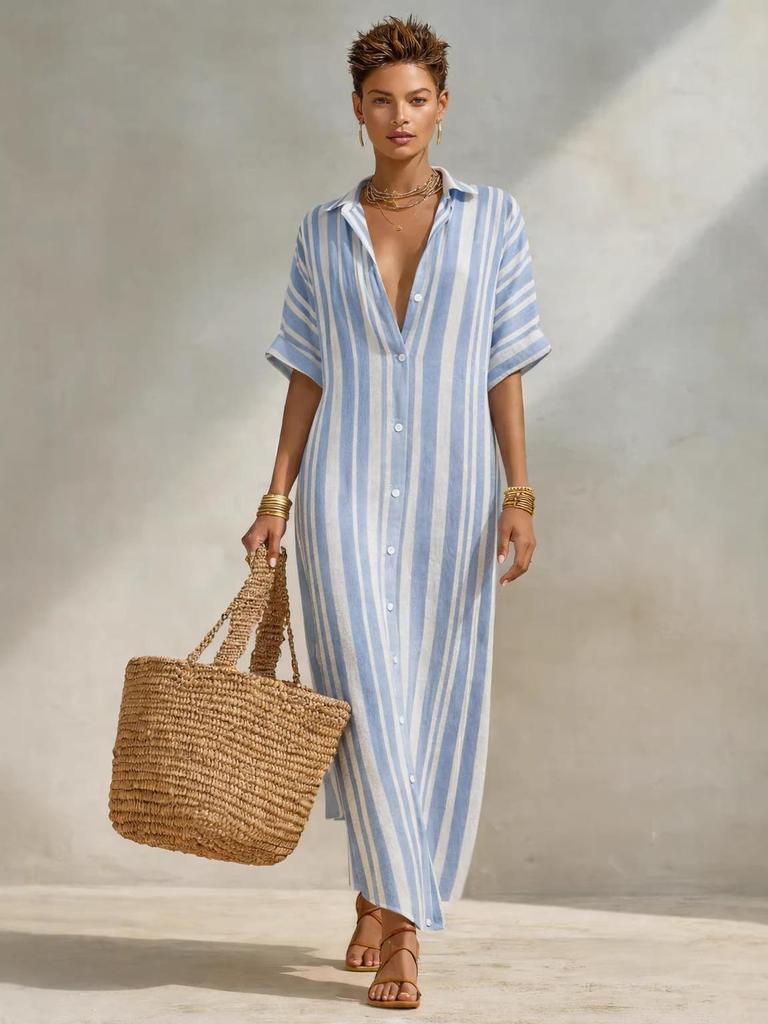 2026 European & American New Style Casual Striped Long Shirt Dress