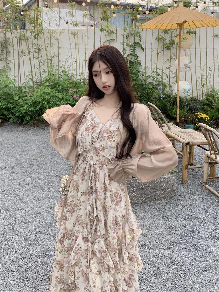 French Floral Ruffled Camisole Dress & Cardigan Set - Women's Slimming Summer Long Dress