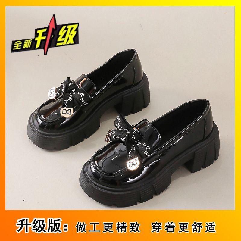 Black platform British style heightening small leather shoes summer and autumn new Japanese round head versatile lace-up retro