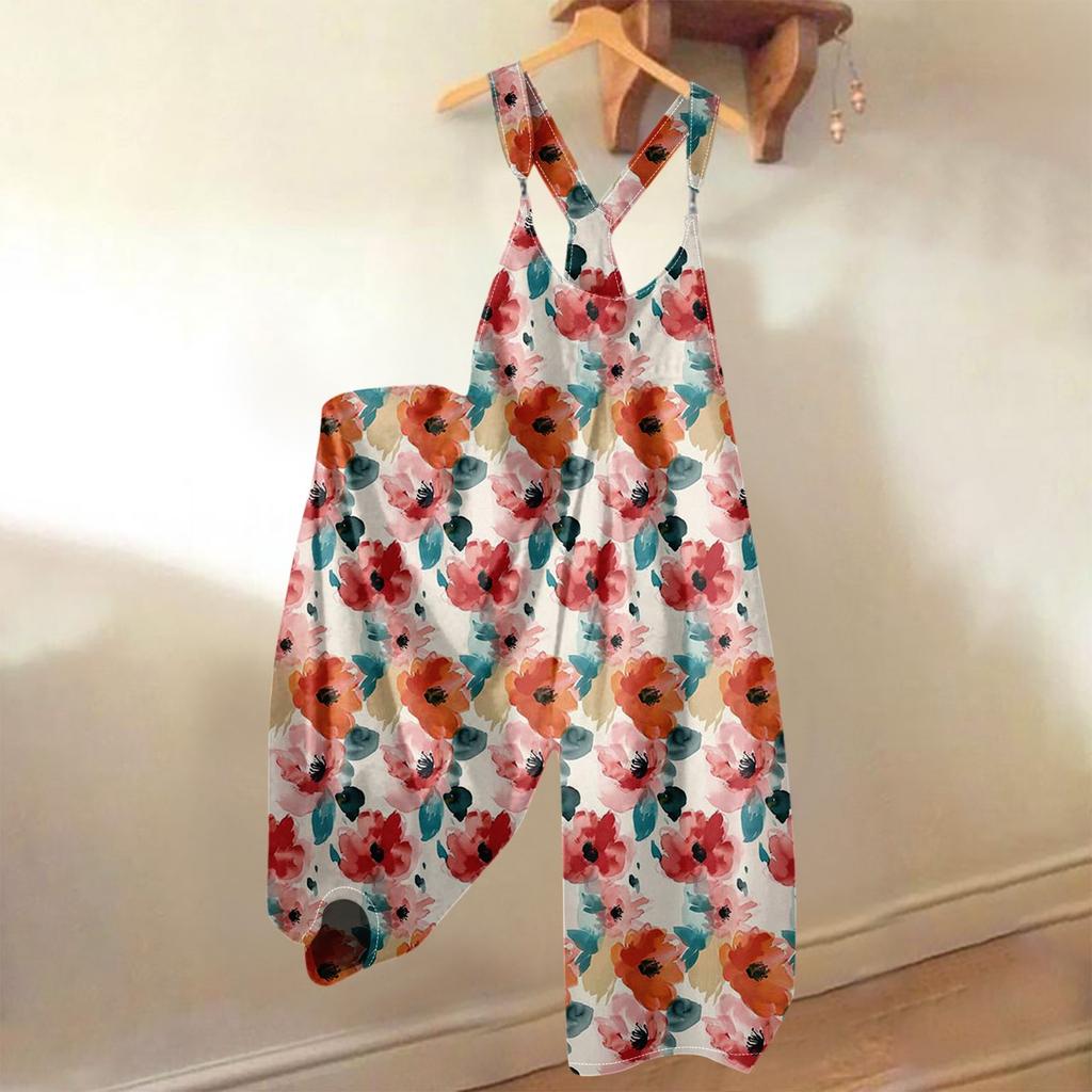 Dámské letní overaly s květinovým potiskem, vintage kombinéza (Nenastavitelné popruhy)