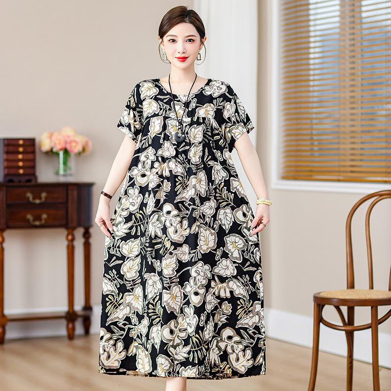 2 Neues hochwertiges florales Baumwoll-Seiden-Kleid für Damen-Sommer-Temperament, Bauchbedeckung für Mütter, große Größe künstliche Baumwolle langer Rock