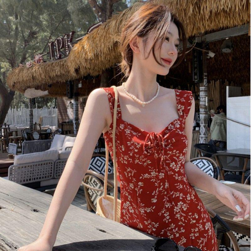 

Women s Spaghetti Strap Red Floral Dress for Early Spring 2025 - French Petite Style for Date Nights L