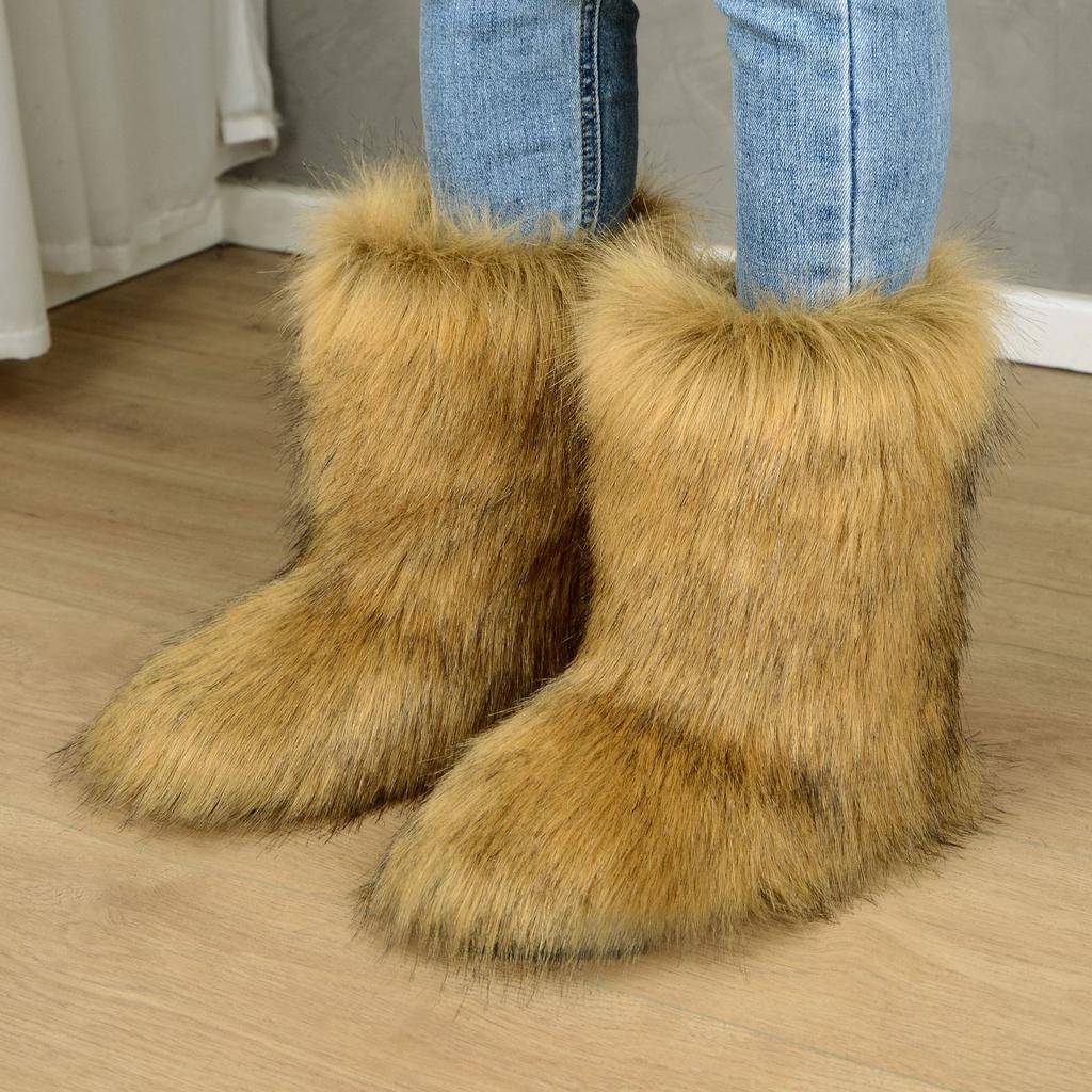 New European and American Spice Girls Fluffy Boots Women'sTide Autumn and Winter Warm Thick-soled Medium Boots Fluffy Boots Shibuya Fashion Snow Boots