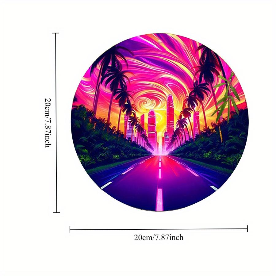 

2d Плоска 20*20см Кругла Дерев яна Табличка для Будівлі, Яскраве Небо Дерев яний Мурал Безрамна Дерев яна Настінна Декорація з Кокосовими Пальмами та Тропічними Заходами Сонця, 20*20cm