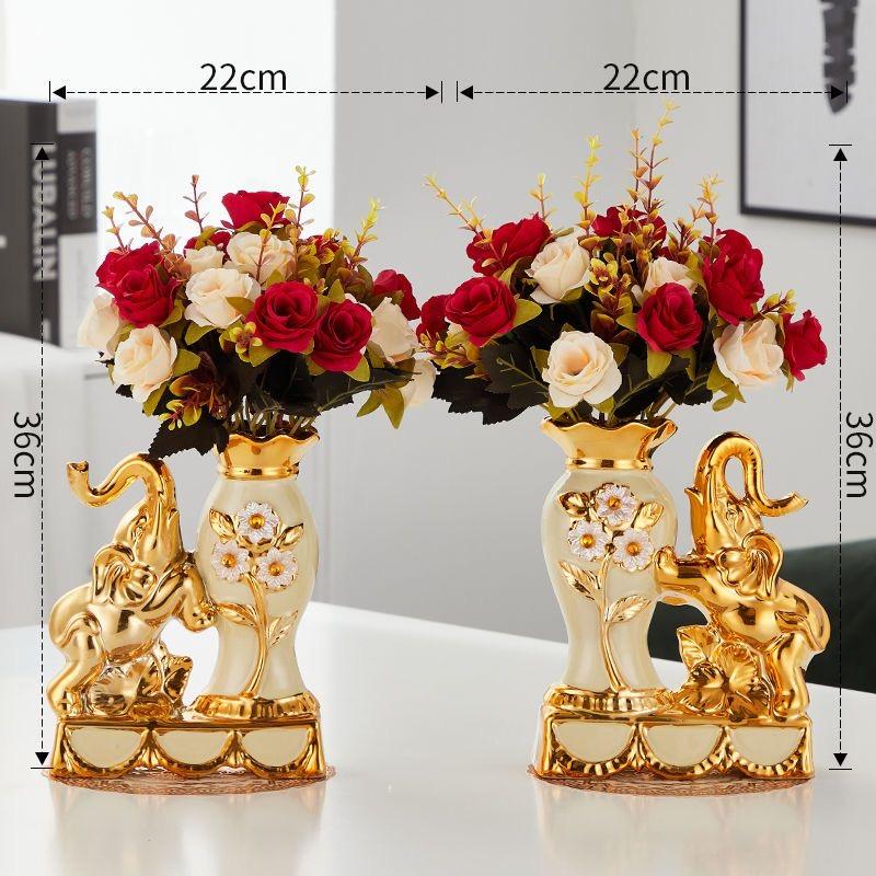 Keramik-Elefantenvase im europäischen Stil – Dekorative Figur mit künstlichen Blumen für Zuhause oder Tischplatte