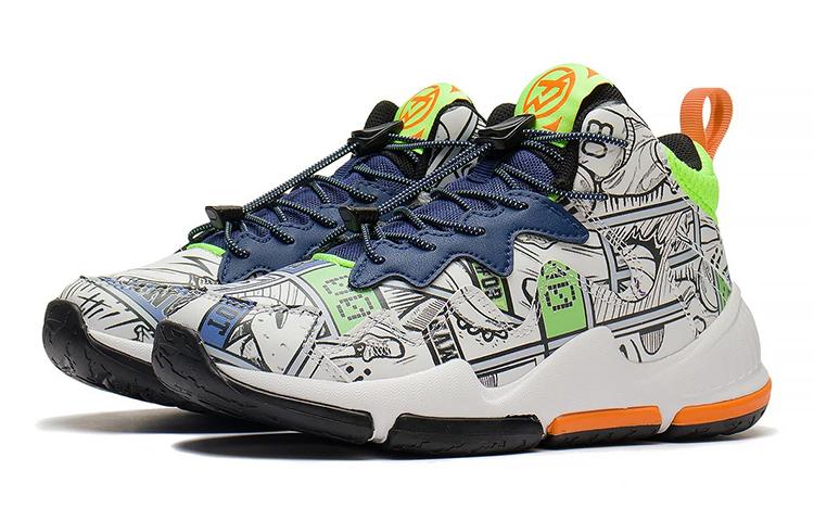 Li Ning YOUNG Slip Resistant Cushioning Abrasion Resistant Mid top Basketball Shoes White Blue Teenagers YKBS088-5