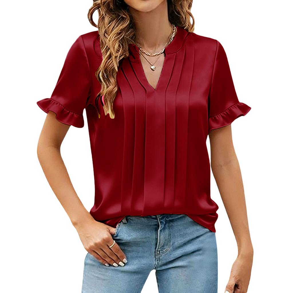 Women's Fashionable Casual Satin V-Neck Pleated Short-Sleeve Loose-Fit T-Shirt