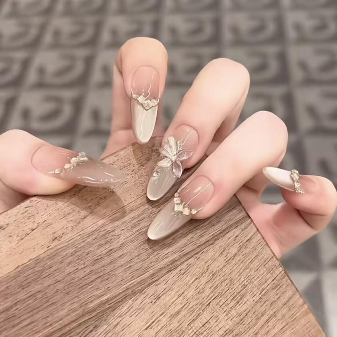 Handmade Nail Art Wearing Nail Brown Butterfly Fairy Cat Eye Flash Light Luxury Premium White False Nail Film Removable bag xs