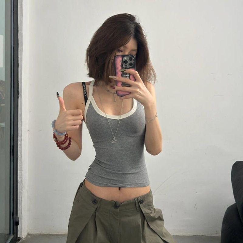 American Retro Style Color-Blocked Camisole for Women, Summer Versatile Slim-Fit Basic Sleeveless Top Gray S