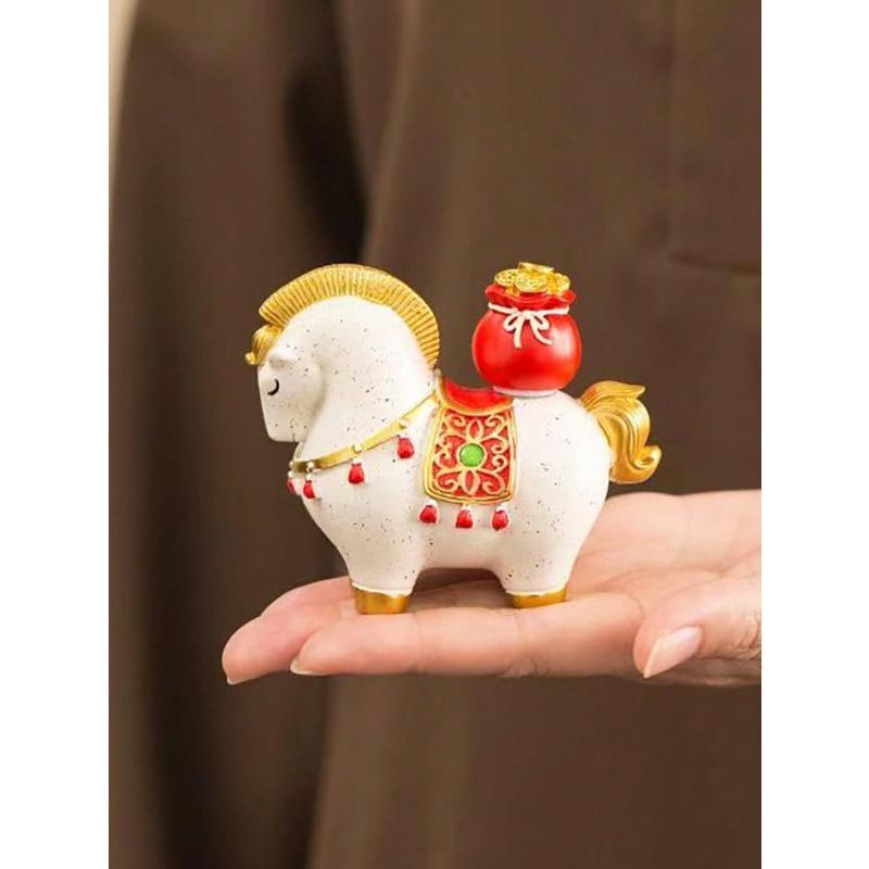 Chinese New Year Horse Decor, Red & Gold Resin Wealth Bringing Horse Statue Desk Ornament, Rotating Wealth Bringing Horse Figurine Rotatable Good Fortune Package