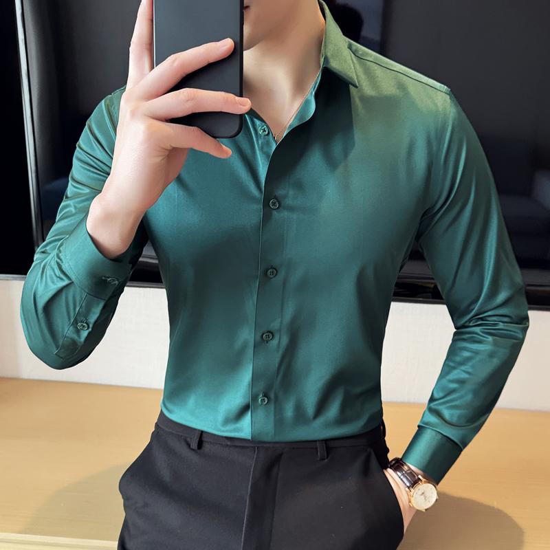 Black Men's Stretchy Wrinkle-Free Shirts, Blue Gray Red Green Asia Size M38-7XL46, White Plain Long Sleeve Office Dress Shirt.