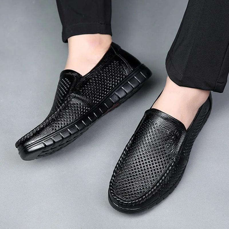Genuine Leather Shoes Men Loafers Breathable Summer Mens Casual Shoes Soft Holes Comfortable Leather Male Footwear