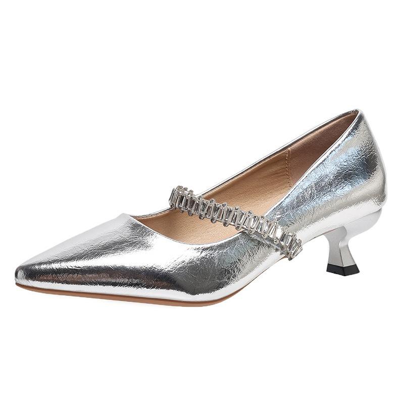 Beautiful temperament shallow single shoes women's rhinestone one with Mary Jane shoes with skirt high-end pointed middle heel shoes