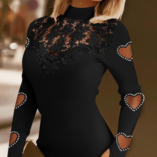 Women Dress Hollow Out Lace Skinny Sheath Solid Color Half-high Collar Elastic Soft Flower Applique Cutout Heart Above Knee Mini Dress