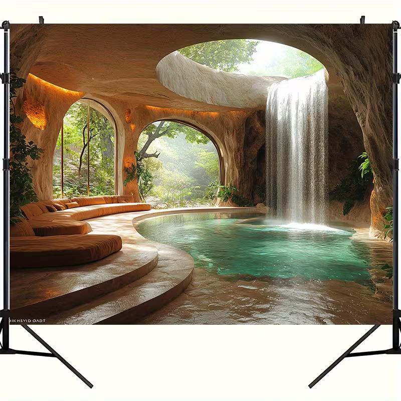 2D Spa Cave Waterfall Wall Tapestry Tropical Nature Background Cloth for Home