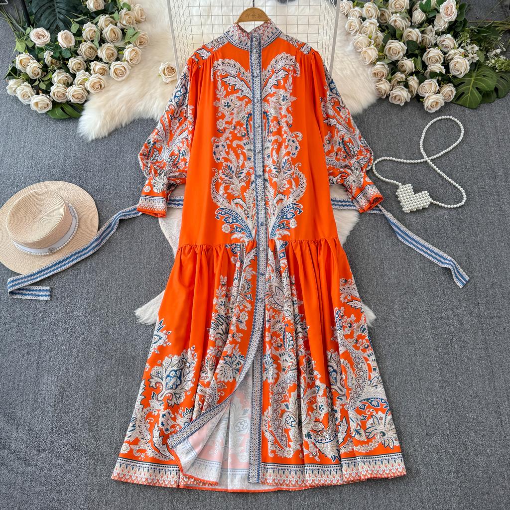 Vintage Langes Kleid für Damen, Frühling, Herbst, Blumendruck, Robe, Stehkragen, elegant, einreihig, Schnürgürtel, plissiertes Maxikleid