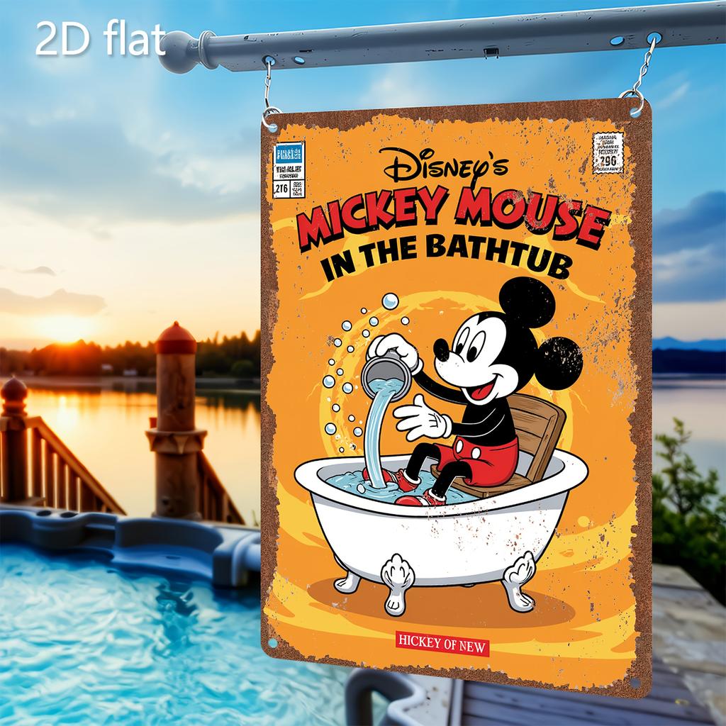 2D Flach, Offizielles Disney Mickey & Minnie Mouse Vintage Badewannen Metall Wanddeko - 20,32x30,48 cm Retro Badezimmer, Küche, Café,