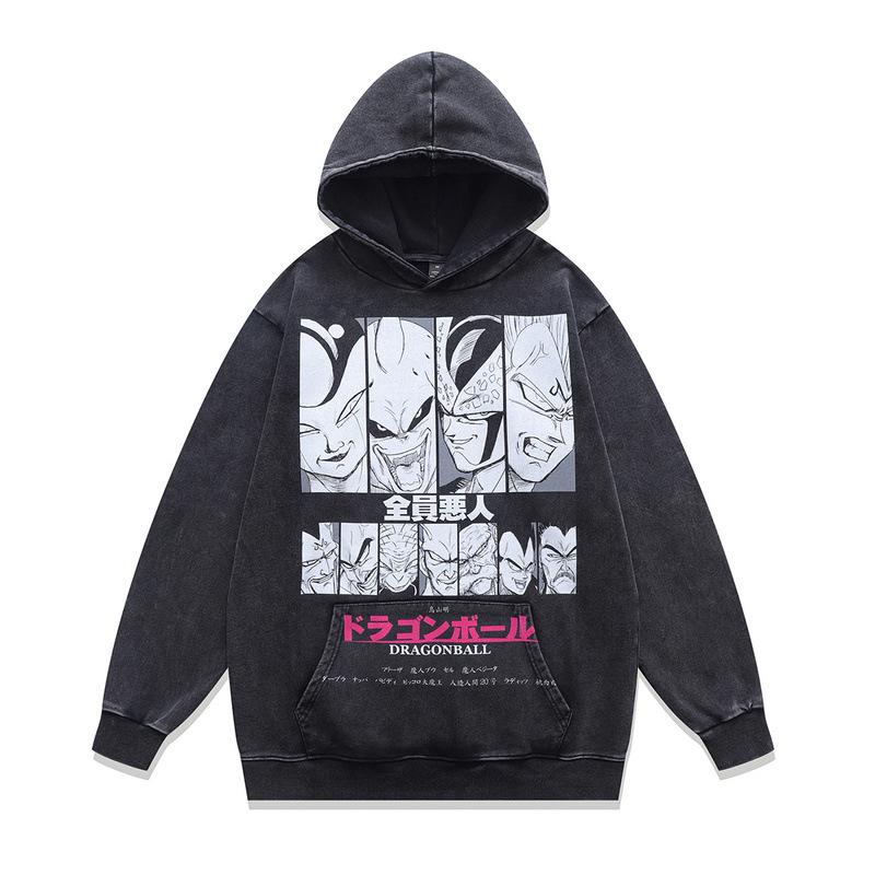 American Retro Washed Hoodie Cartoon White Ink Direct Injection Printing Oversize Pullover Sweater Men