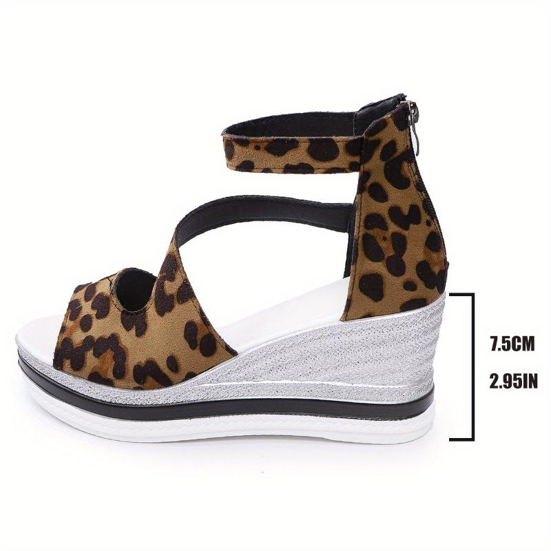 Women's Comfortable High Heel Summer Sandals - Leopard Print, Open Toe, Side Cut-Out Design with Ankle Strap & Zipper Closure, Brown & White Strappy