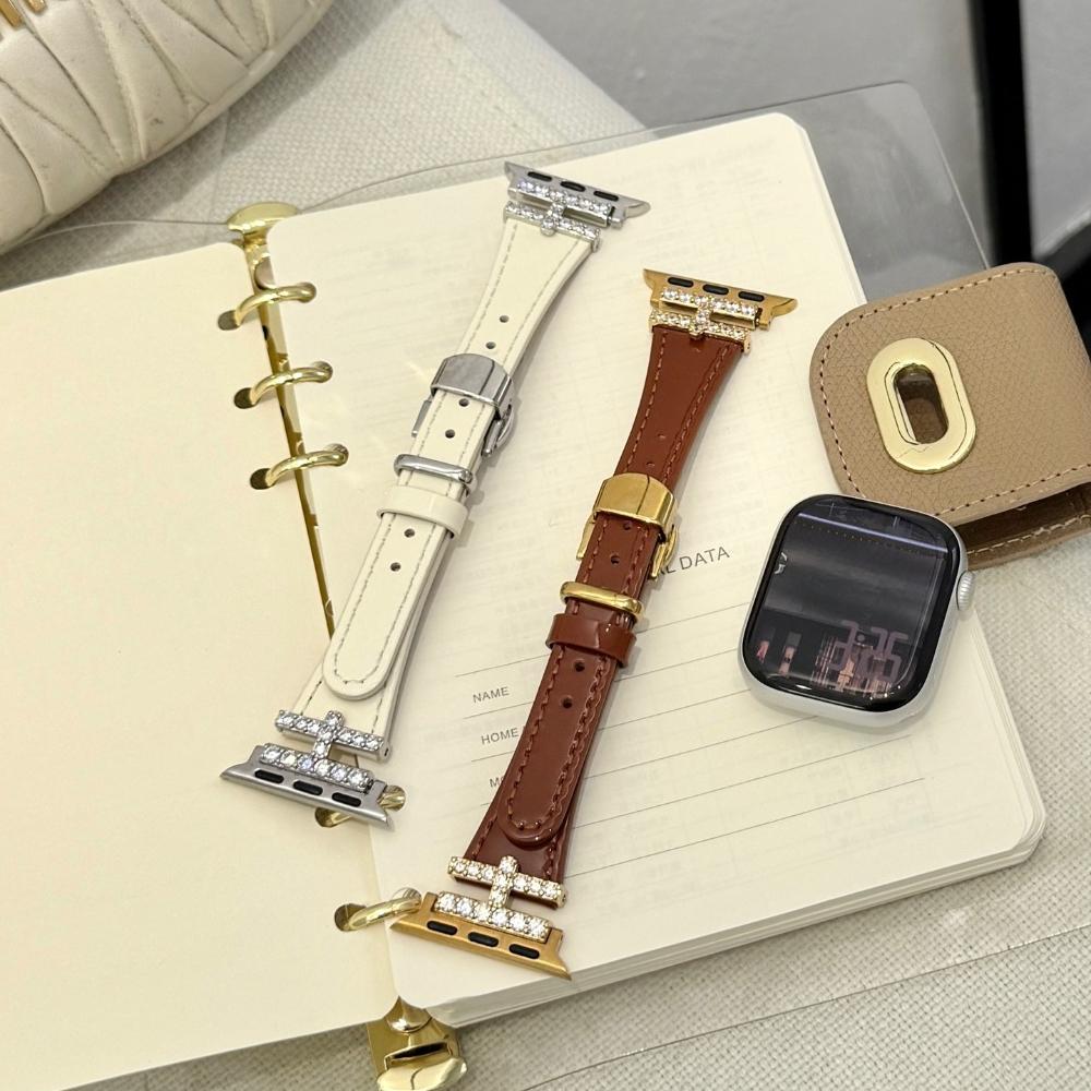 Luxury For Apple Watch Ultra 49mm Band H-Shaped Diamond Butterfly Buckle Leather Strap Suitable for iwatch Series 11/10/9/8/SE3 46/45/44/42/41/40/38mm