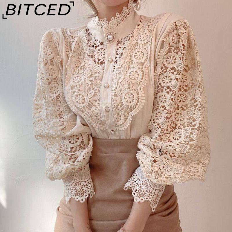 BITCED Women's Loose-fitting, Distinctive Button-down Lace-trimmed Floral Appliqué Shirt