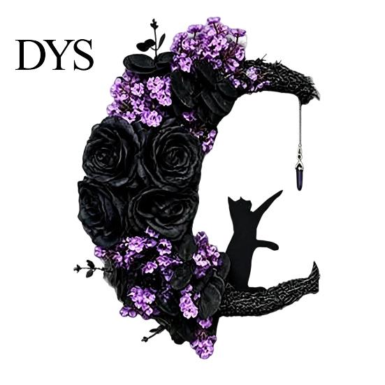 Halloween Moon Wreath Black Cat Wreath, Gothic Crescent Grapevine with Indoor Dark Theme Soft Furnishings Rose Flowers, Spooky Front Door Hanging