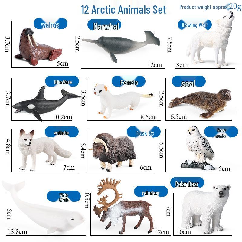 Realistic Polar Animal Toy Set: Polar Bear, Ferret, Reindeer, Seal, Orca, Arctic Hare, Walrus Figurines.