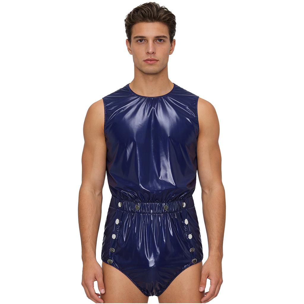 S-3XL Mens Waterproof Bodysuit Openable Crotch with Buttons Sleeveless Back Zipper Elastic Waistband One-piece Romper Jumpsuit for Clubwear Swimming