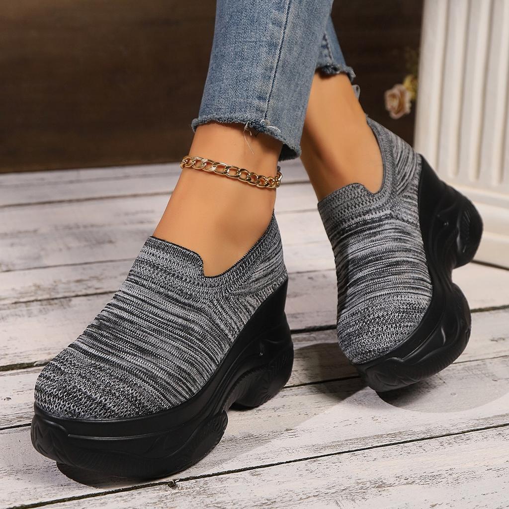 Heightening Thick Sole Fashionable Ladies Shoes  Autumn New Black Mesh Breathable Casual Slip-on Women's Vulcanized Shoes