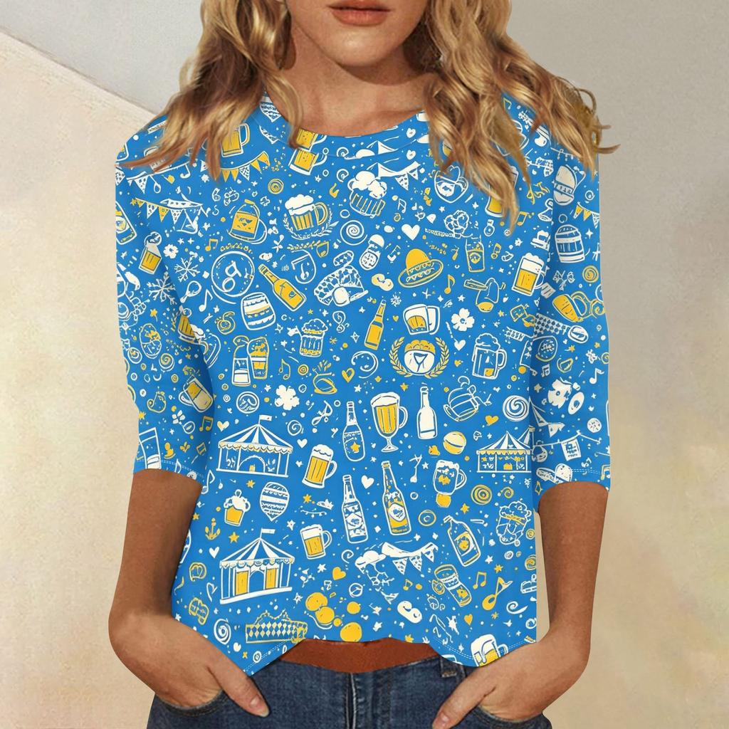 Women's Casual Three Quarter Sleeve Round Neck Top Oktoberfest Beer Print Lightweight Comfortable Fit Pullover Shirt