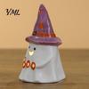 Cute Halloween Room Decoration Ceramic Tealight Holder, Lighted Ghost Pumpkin Figurine with Indoor Party Atmosphere Lamp Witch Hat, Tiered Tray