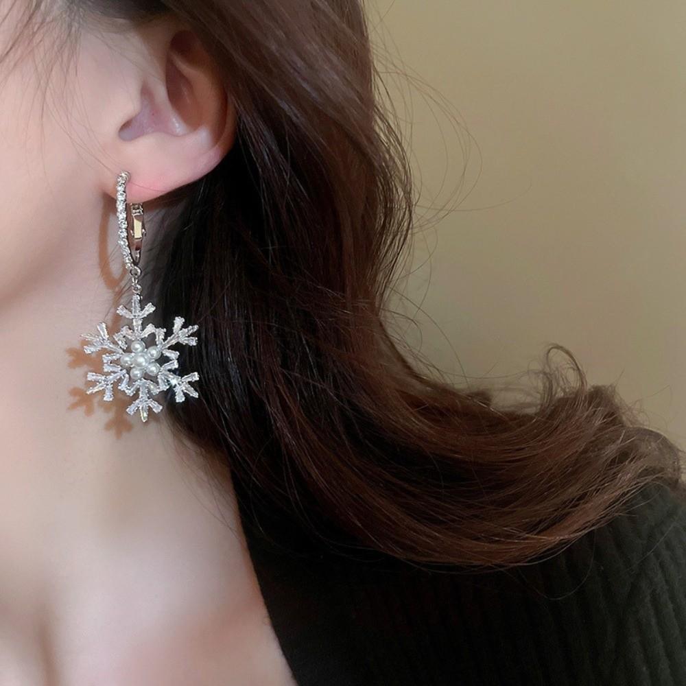 Silver Christmas Snowflakes Earrings Light Luxury Zircon Dangle Earrings  Women