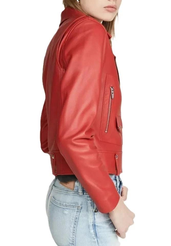 Women 100% Lambskin Motorcycle Biker Real Soft Handmade Red Leather Jacket