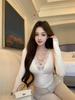 Lace V-Neck Long Sleeve White Slim Fit Waist-Cinched Women's Winter Shirt
