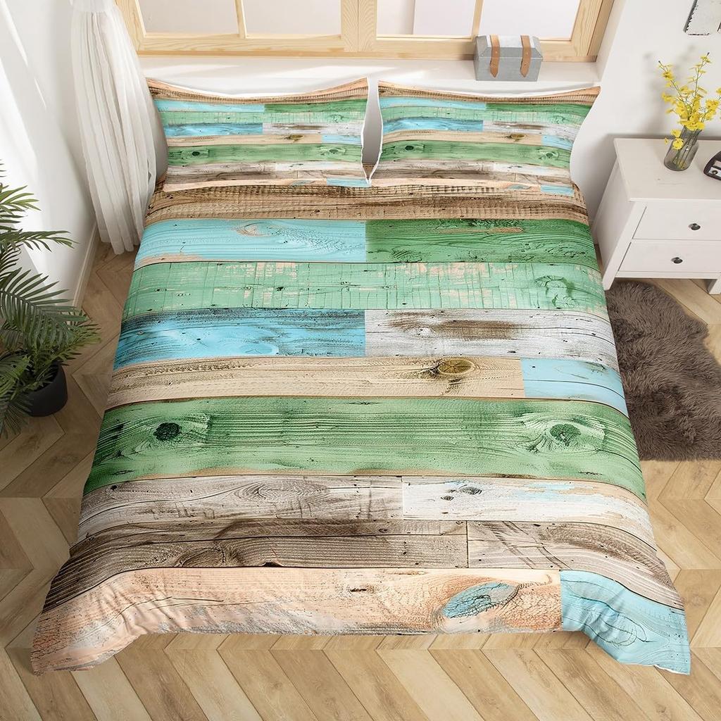 Geometric Bedding Set,Patchwork Plaid Duvet Cover Twin King for Teens Adults,Retro Vintage Comforter Cover,Wooden Plank Bed Set