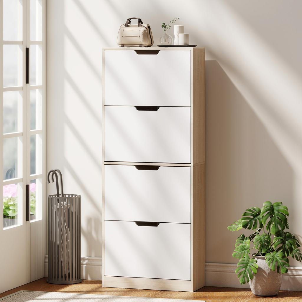 Slim Space-Saving Shoe Cabinet with 4 Drawers for 20 Pairs of Shoes 62.5x26x156 Cm, Wood Colour and White
