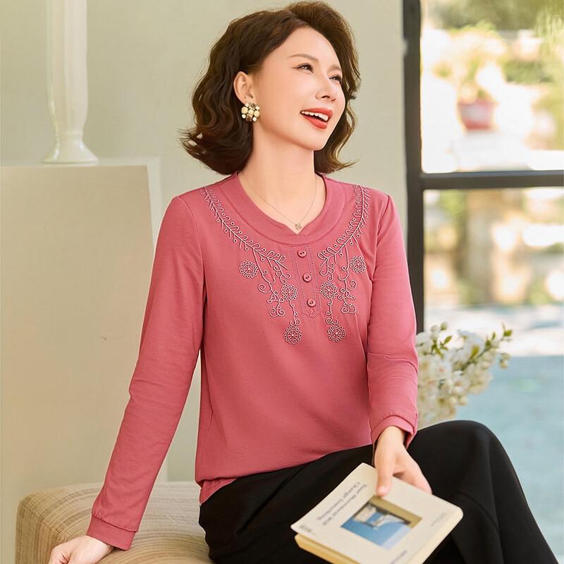 Paster Women's Embroidered Round Neck Long Sleeve T-Shirt
