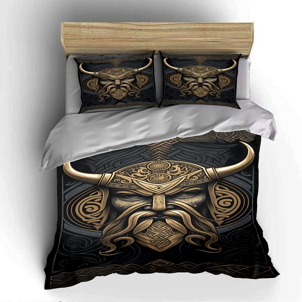 Viking Warrior Design Black Gold Bedding Set Bedding Set (1 Duvet Cover, 2 Pillowcases, Duvet Not Included)