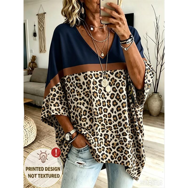 Damska Koszulka Plus Size z Dekoltem V i Rękawami nietoperzowymi Bohemian Etniczny Wzór Luźny Top Letni Wygodny Oddychający Codzienne Dojazdy Casualowy Model wyszczuplający