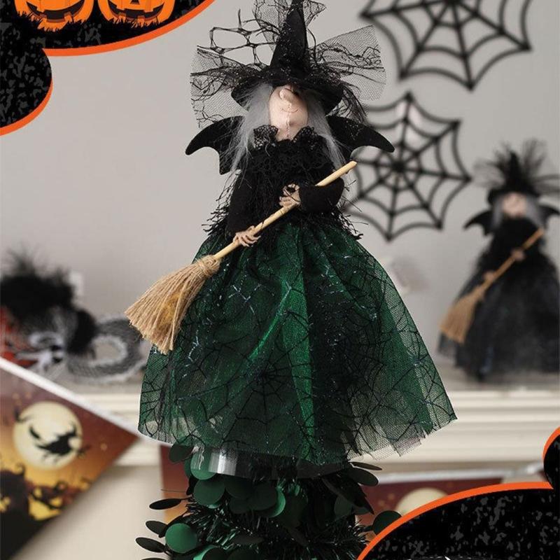 Halloween Witch Doll Desktop Decorations Witch Tree Toppers for Holiday Party Home Decor Witches with Spiders Web Dress